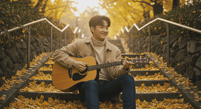 낙엽이 떨어진 야외 계단에서 기타를 치는 남성