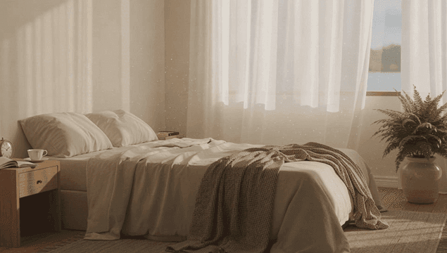 햇살이 비치는 침실과 아늑한 침대와 식물