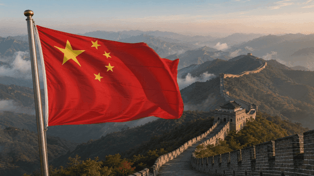 Great Wall of China with Chinese flag flying