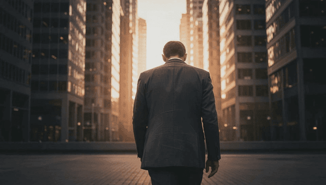 Back of a tired office worker in a suit standing between tall buildings