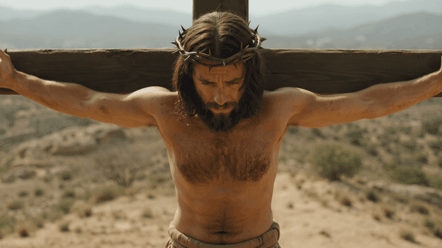 Jesus on cross in desert landscape