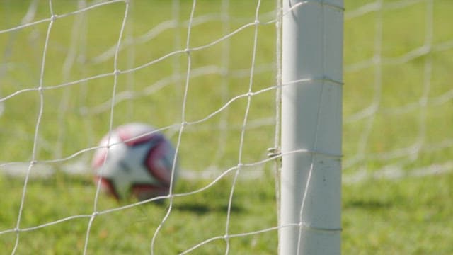 잔디 위 골대 근처의 축구공