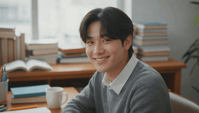 아늑한 도서관에서 정면을 보고 미소 짓는 젊은 남성