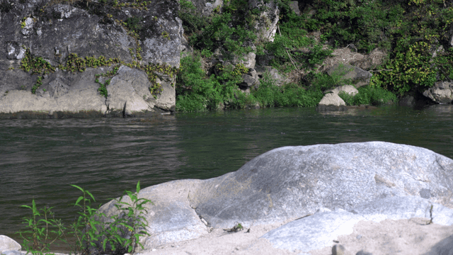 바위와 초록이 있는 흐르는 강