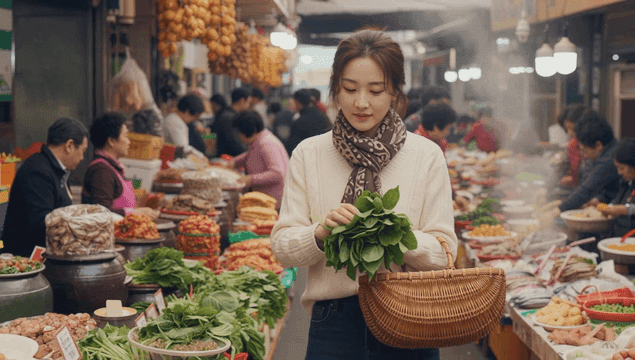 분주한 전통 시장에서 장을 보는 여성