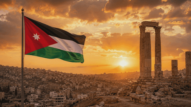Scenery of ancient ruins and Jordanian flag at sunset