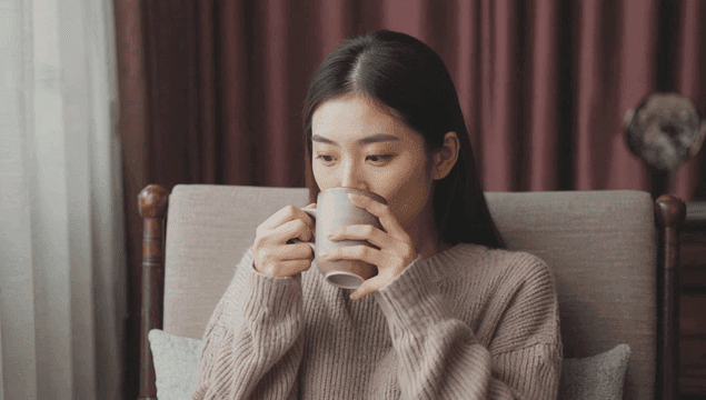 흔들의자에 앉아 따뜻한 음료를 즐기는 여성