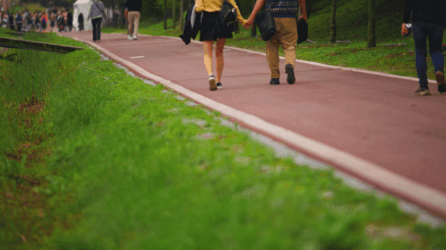 Couple holding hands while walking along the park path
