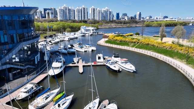 요트와 도시 스카이라인이 보이는 강변 마리나