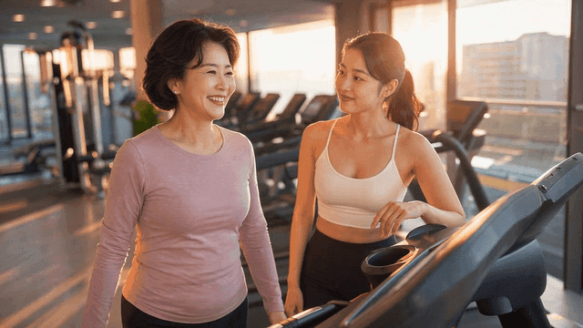 Trainer instructing middle-aged woman on treadmill at gym