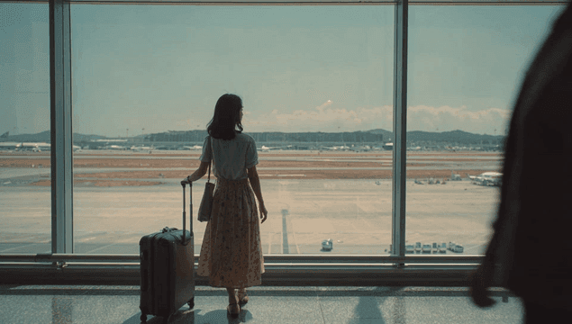 공항에서 창밖을 바라보는 여성의 뒷모습