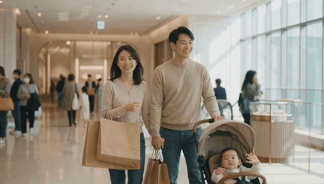 Happy family shopping in modern shopping mall