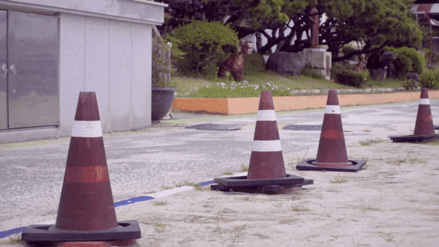 Traffic cones lined up on school playground