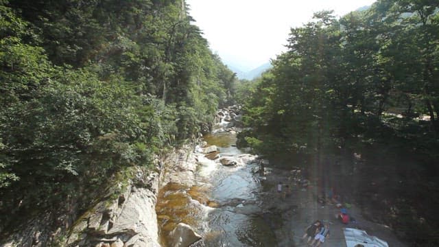 화창한 날 산중 계곡에서 피서하는 사람들