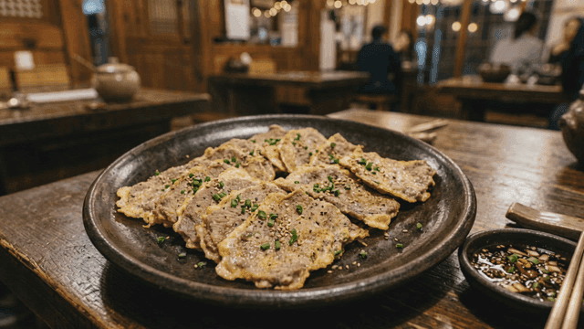 Golden brown pan-fried meat on table