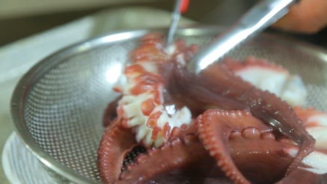 Boiled octopus prepared by cutting with scissors in the kitchen