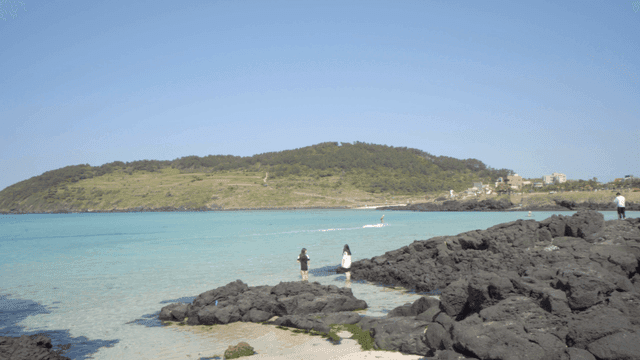People enjoying a scenic beach with clear water