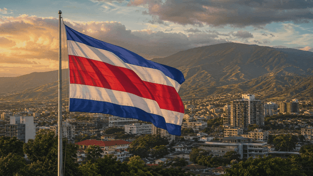 City skyline with Costa Rican flag at sunset