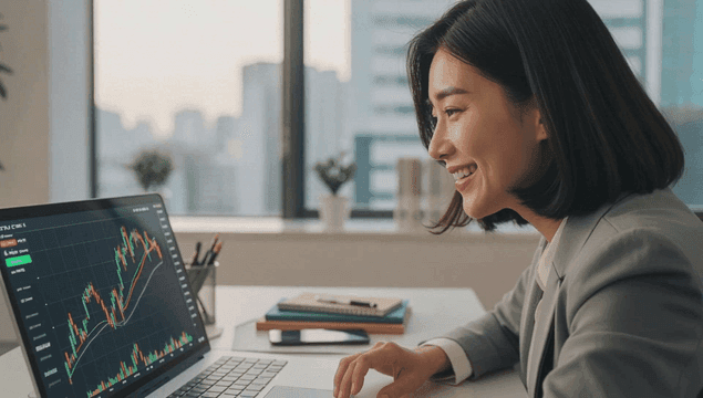 노트북으로 주가 차트를 보며 웃는 정장입은 여성