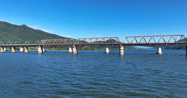 Wide river with bridges and mountains