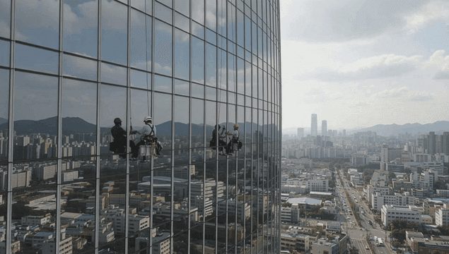 Workers cleaning a skyscraper's windows