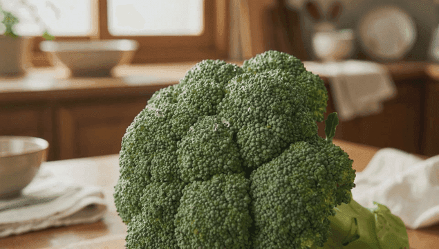 나무 주방 테이블 위의 신선한 브로콜리