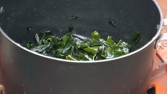 Pouring water to the pot with seaweed