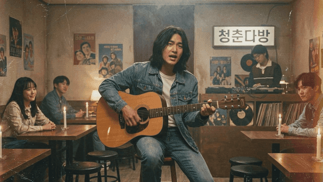 Long-haired man playing acoustic guitar at Cheongchun Cafe