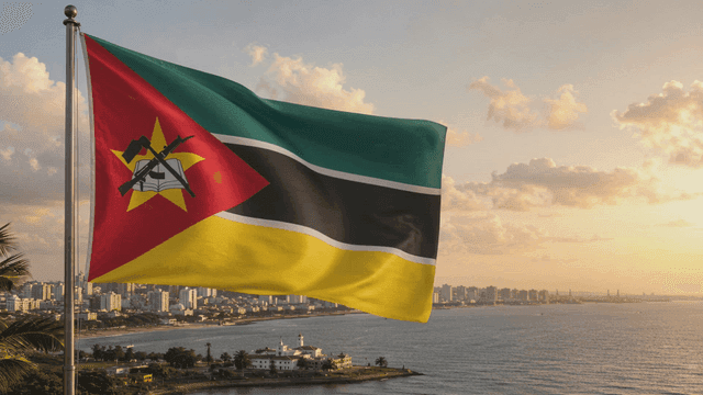 Mozambican flag fluttering at sunset