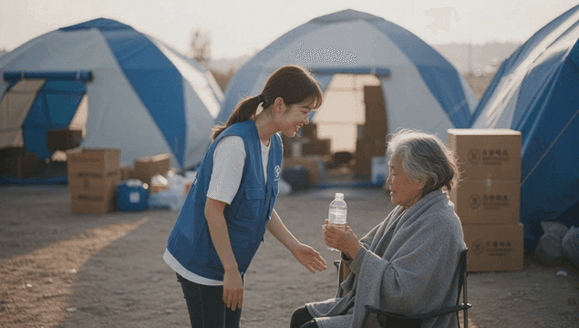Smiling volunteer handing a water bottle to an elderly woman