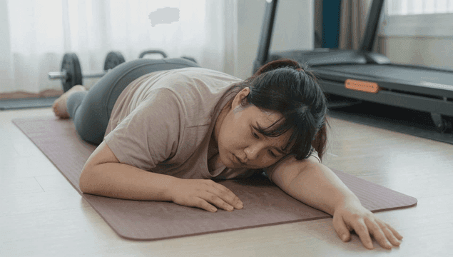 Fat woman resting on yoga mat after exercising