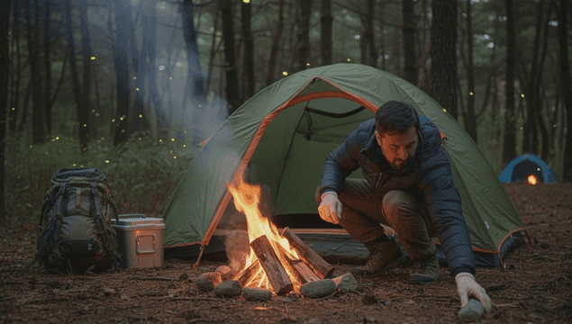 Man making campfire at forest campsite