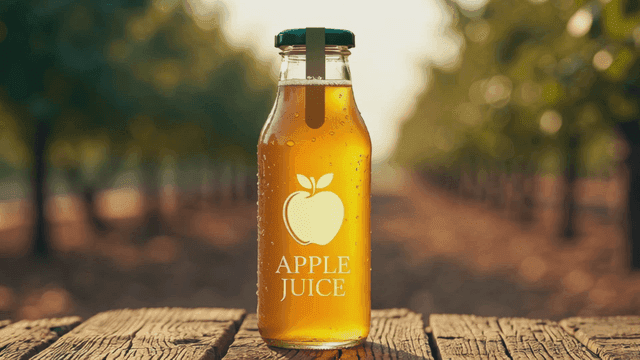 Apple juice glass bottle on orchard wooden table