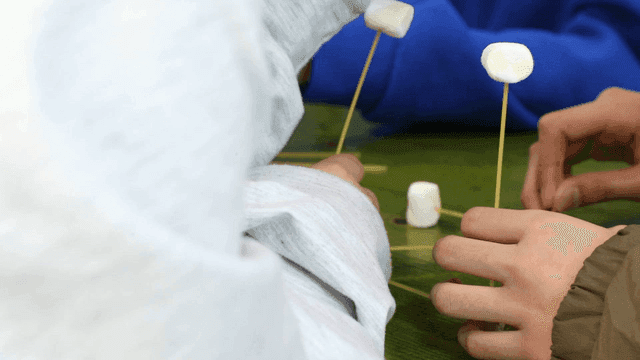 Hands creating structures with marshmallows and spaghetti noodles