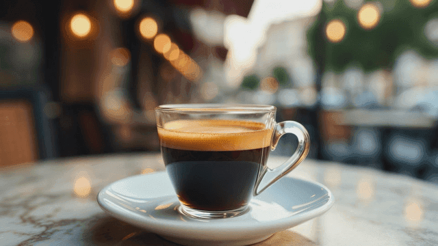 야외 카페 테이블 위의 에스프레소 한 잔