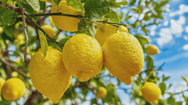 맑은 하늘 아래 나무에 매달린 레몬