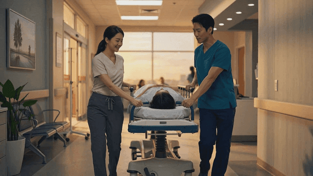 Medical staff transporting patient at hospital