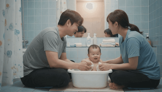 행복한 아기를 목욕시키는 부모