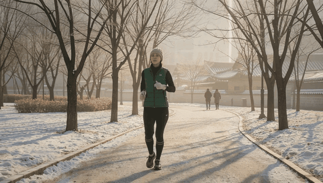 아침 겨울 공원을 달리는 여성