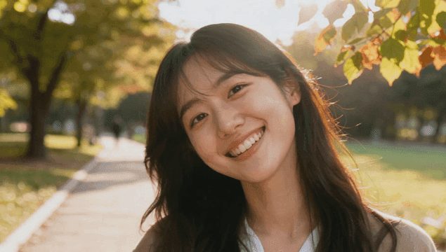 햇살 가득한 공원에서 미소 짓는 여성