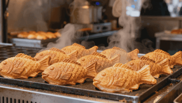 철판 위에서 김이 나는 붕어빵