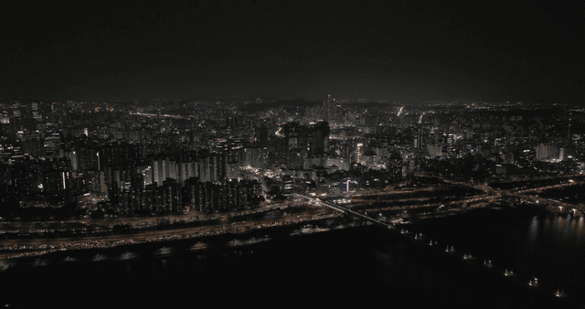 Bustling city landscape at night filled with lights