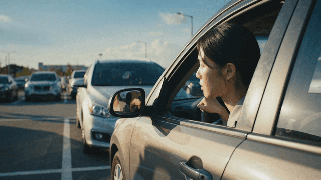 A woman looking out from a car window in a parking lot