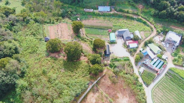 View of a rural farm and fields