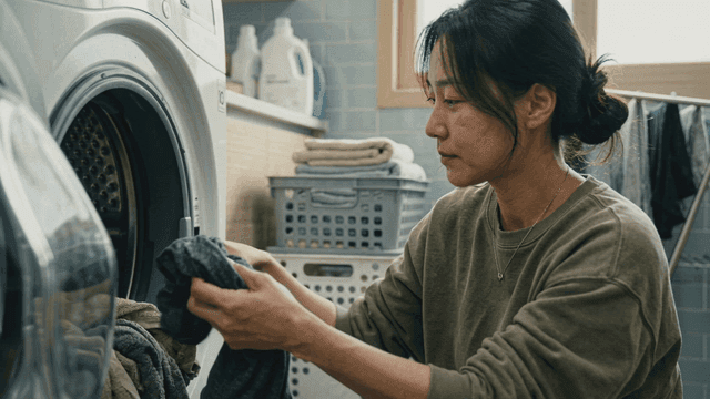 Woman taking laundry out of washing machine