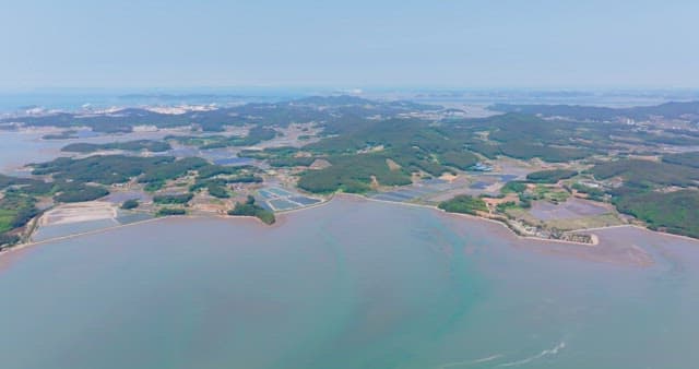 Coastal landscape with distant mountains