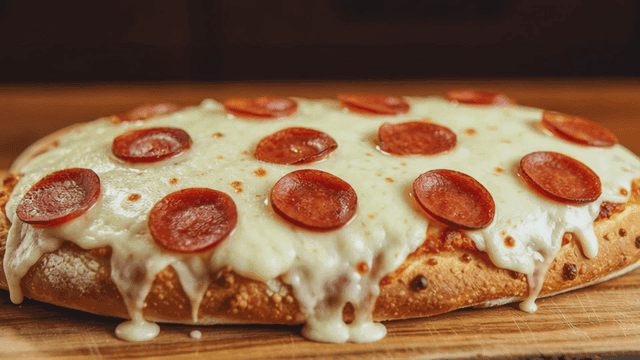 Cheesy pepperoni pizza on a wooden board