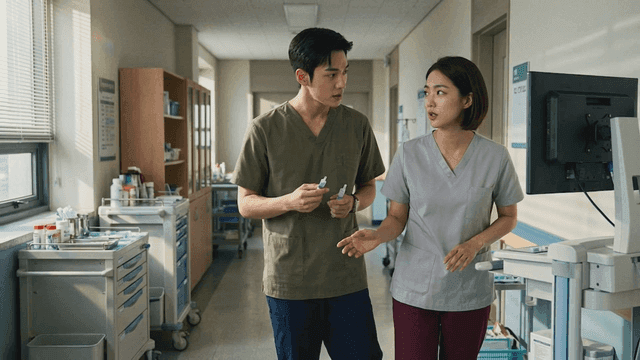 Nurses talking with syringes in hospital hallway