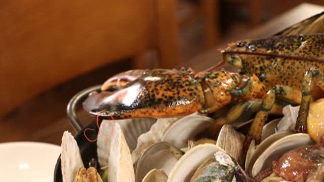 해물탕 재료 위에 살아있는 랍스터