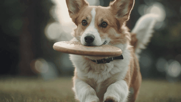 A playful dog with a frisbee in its mouth